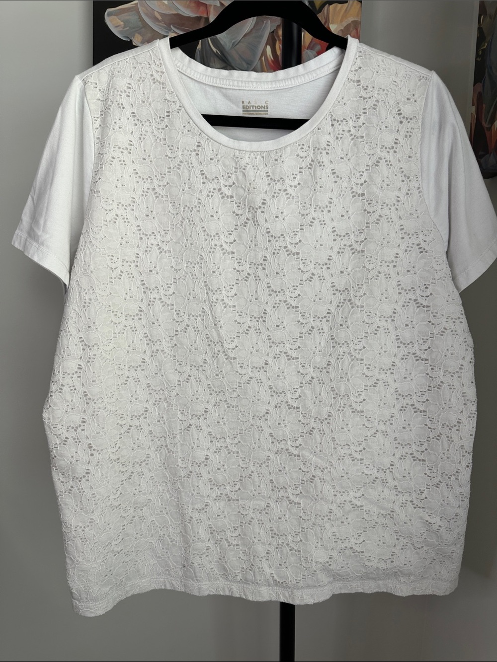 Basic Editions White Short-Sleeve Lace Front Tee Shirt